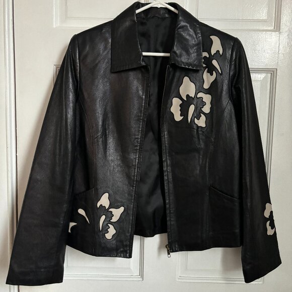 Unbranded Jackets & Blazers - Black Leather Jacket Boxy Collar Zip Up Hibiscus Flowers Cream Cut Out Motif S M